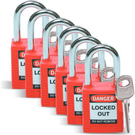 Brady Worldwide Inc 51339 Brady® 51339 Safety Padlock With Label, Keyed Differently, Red, Plastic Covered Steel, 6/Pack image.