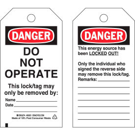 Brady Worldwide Inc 65408 Brady® 65408 Lockout Tag- Danger Do Not Operate, 2 Sided, Polyester, 25/Pack image.