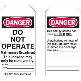 Brady Worldwide Inc 65441 Brady® 65441 Lockout Tag- Danger Do Not Operate, 2 Sided, Polyester, 4"W x 5-3/4"H, 25/Pack image.