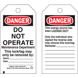 Brady 65442 Lockout Tag- Danger Do Not Operate, 2 Sided, Cardstock, 25/Pack