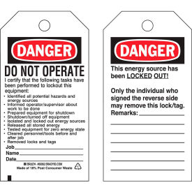 Brady Worldwide Inc 65450 Brady® 65450 Lockout Tag- Danger Do Not Operate, 2 Sided, Cardstock, 25/Pack image.