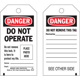 Brady Worldwide Inc 65500 Brady® 65500 Lockout Tag- Danger Do Not Operate, photo tag, 2 Sided, Cardstock, 25/Pack image.