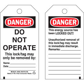 Brady Worldwide Inc 65502 Brady® 65502 Lockout Tag- Danger Do Not Operate, Self-Laminating, Heavy Duty Polyester, 25/Pack image.