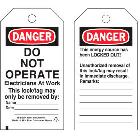 Brady 65504 Lockout Tag- Danger Do Not Operate Electricians At Work, Vinyl, 25/Pack