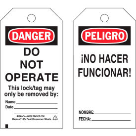 Brady 65670 Lockout Tag- Danger Do Not Operate, Bilingual Engligh/Spanish, Cardstock, 25/Pack
