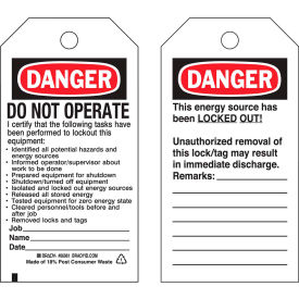 Brady Worldwide Inc 66061 Brady® 66061 Lockout Tag- Danger Do Not Operate, 2 Sided, Polyester, 25/Pack image.