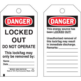 Brady 66066 Lockout Tag- Danger Locked Out Do Not Operate, 2 Sided, Polyester, 25/Pack