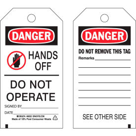 Brady Worldwide Inc 86522 Brady® 86522 Danger Hands Off Do Not Operate tag, 2 sided, 10/Pkg, Polyester, 3"W x 5-3/4"H image.