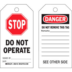 Brady Worldwide Inc 86537 Brady® 86537 Stop Do Not Operate tag, 2 sided, 10/Pkg, Polyester, 3"W x 5-3/4"H image.