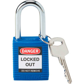 Brady Worldwide Inc 99556 Brady® 99556 Safety Lockout Padlock With Label, 1-1/2", 1 Key, Plastic Covered Steel, Blue image.