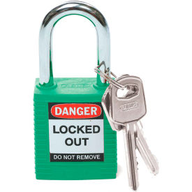 Brady Worldwide Inc 99564 Brady® 99564 Safety Lockout Padlock With Label, 1-1/2", 1 Key, Plastic Covered Steel, Green image.