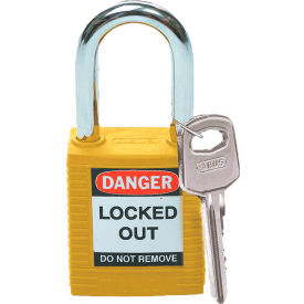 Brady Worldwide Inc 99570 Brady® 99570 Safety Lockout Padlock With Label, 1-1/2", 1 Key, Plastic Covered Steel, Yellow image.
