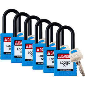 Brady Worldwide Inc SDPL-BLU-38PL-KA6 Brady® Safety Lockout Padlock, Keyed Alike, 1-1/2", Plastic/Nylon, Blue, 6/PK image.
