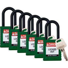 Brady Worldwide Inc SDPL-GRN-38PL-KA6 Brady® Safety Lockout Padlock, Keyed Alike, 1-1/2", Plastic/Nylon, Green, 6/PK image.