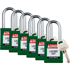 Brady Worldwide Inc SDPL-GRN-38ST-KA6 Brady® Safety Lockout Padlock, Keyed Alike, 1-1/2", Plastic/Steel, Green, 6/PK image.