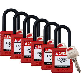 Brady Worldwide Inc SDPL-RED-38PL-KA6 Brady® Safety Lockout Padlock, Keyed Alike, 1-1/2", Plastic/Nylon, Red, 6/PK image.