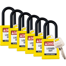 Brady Worldwide Inc SDPL-YLW-38PL-KA6 Brady® Safety Lockout Padlock, Keyed Alike, 1-1/2", Plastic/Nylon, Yellow, 6/PK image.