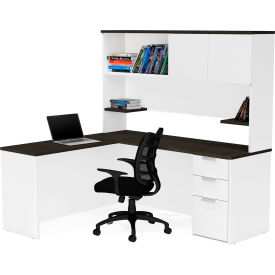 Bestar 110886-17 Bestar® L-Desk with Hutch - White and Deep Gray - Pro-Concept Plus Series image.
