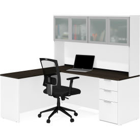 Bestar 110887-17 Bestar® L-Desk with Frosted Glass Door Hutch - White and Deep Gray - Pro-Concept Plus Series image.