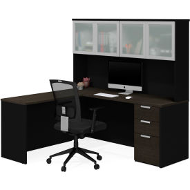 Bestar 110887-32 Bestar® L-Desk with Frosted Glass Door Hutch - Deep Gray and Black - Pro-Concept Plus Series image.