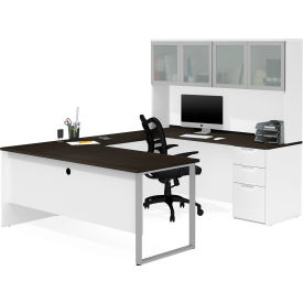Bestar 110890-17 Bestar® U-Desk with Frosted Glass Door Hutch - White and Deep Gray - Pro-Concept Plus Series image.