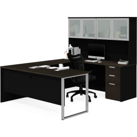 Bestar U-Desk with Frosted Glass Door Hutch - Deep Gray and Black - Pro-Concept Plus Series