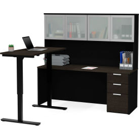 Bestar 110897-32 Bestar® Height Adjustable L-Desk with Frosted Hutch - Deep Gray and Black - Pro-Concept Plus image.