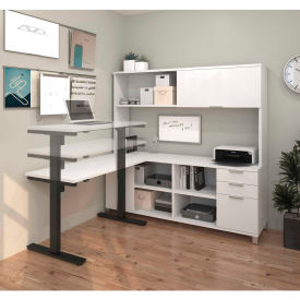 Bestar 120858-17 Bestar® L-Desk with Hutch and Electric Height Adjustable Table - White - Pro-Linea Series image.