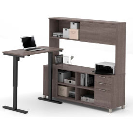 Bestar 120858-47 Bestar® L-Desk with Hutch and Electric Height Adjustable Table - Bark Gray - Pro-Linea Series image.
