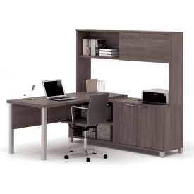 Bestar 120864-47 Bestar® L Desk with Sliding-Door Hutch - 71" - Bark Grey - Pro-Linea Series image.