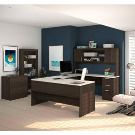 Bestar 52850-31 Bestar® U-Shaped Desk with Lateral File and Bookcase - Dark/White Chocolate - Ridgeley  Series image.
