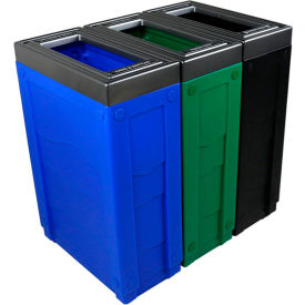 Evolve Triple Recycling & Trash Can, Cans & Bottles/Paper, 69 Gallon, Blue/Green/Black view 2