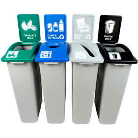Busch Systems Waste Watcher Quad-Cans&Bottles/Organics/Paper/Waste92 Gal.GRN/BL/GY/BLK- 101082 