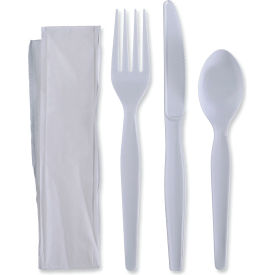 United Stationers Supply BWKFKTNHWPSWH Boardwalk® Four-Piece Cutlery Kit, Fork/Knife/Napkin/Teaspoon, Heavyweight, White, 250/case image.