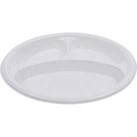 United Stationers Supply BWKPLTHIPS10WH3 Boardwalk® Hi-Impact Plastic Dinnerware, Plate, 3-Compartment, 10", White, 500/case image.