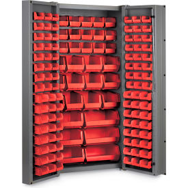 Global Industrial B1961809 Global Industrial™ Bin Cabinet Deep Door - 132 Red Bins, 16 Ga. All-Welded Cabinet 36 x 24 x 72 image.
