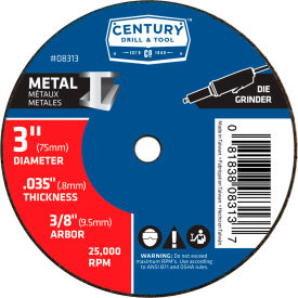 Century Drill & Tool 8313 Century Drill 08313 Cutting Wheel 3" x 3/8" Aluminum Oxide image.