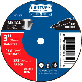 Century Drill & Tool 8323 Century Drill 08323 Cutting Wheel 3" x 3/8" Aluminum Oxide image.