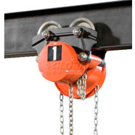 CM Cyclone Hand Chain Hoist on Low Headroom Plain Trolley 1-1/2 Ton 15 Ft. Lift