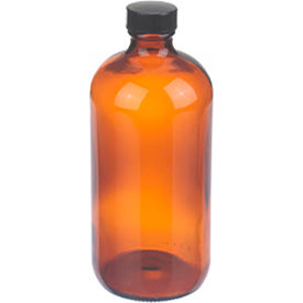 CP LAB SAFETY. W216852 Wheaton® 16 oz Amber Glass Boston Round Bottles with Cone-Shaped Insert, Case of 12 image.