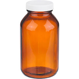 CP LAB SAFETY. W216949 Wheaton® 16 oz Amber Wide Mouth Packer Bottles, PP/PTFE Lined Caps, Case of 12 image.