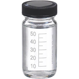 CP LAB SAFETY. W216977 Wheaton® 2 oz Graduated Glass Volumetric Bottles, PE Cone Lined Phenolic Caps, Case of 48 image.