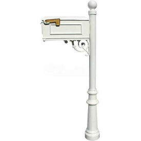 Qualarc LM-804-LPST-WHT Lewiston Mailbox, Post (Fluted Base & Ball Finial), Support Brace (No Address Plates), White image.