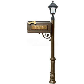 Mailbox Post (Ornate Base & Black Bayview Solar Lamp) w/3 Address Plates Support Brace Bronze