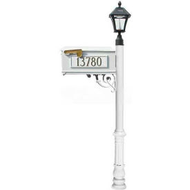 Mailbox Post (Ornate Base & Black Bayview Solar Lamp) w/3 Address Plates Support Brace White