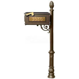 Lewiston Mailbox Post (Ornate Base & Pineapple Finial) w/3 Address Plates Support Brace Bronze