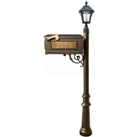 Mailbox Post (Fluted Base & Black Bayview Solar Lamp) w/3 Address Plates Support Brace Bronze
