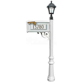 Mailbox Post (Fluted Base & Black Bayview Solar Lamp) w/3 Address Plates Support Brace White