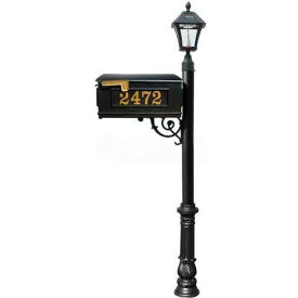 Mailbox Post (Ornate Base & Black Bayview Solar Lamp) with Vinyl Numbers Support Brace Black
