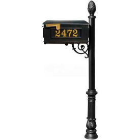 Lewiston Mailbox Post (Ornate Base & Pineapple Finial) with Vinyl Numbers Support Brace Black